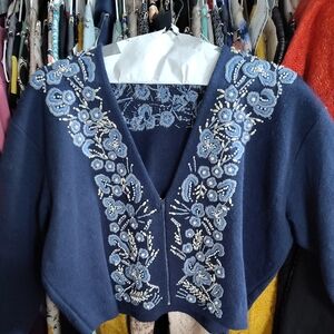 Anne Klein Navy Floral Embroidered Sweater